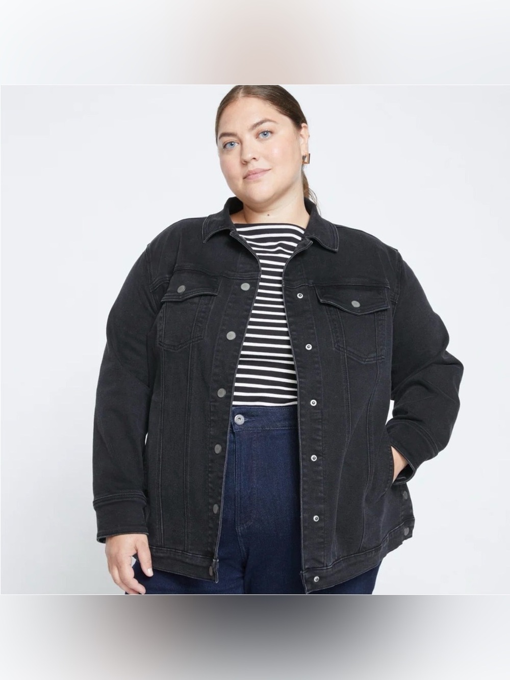 Universal Standard Black Denim Chore Jacket Minimalist Chic Longline Snap Sides